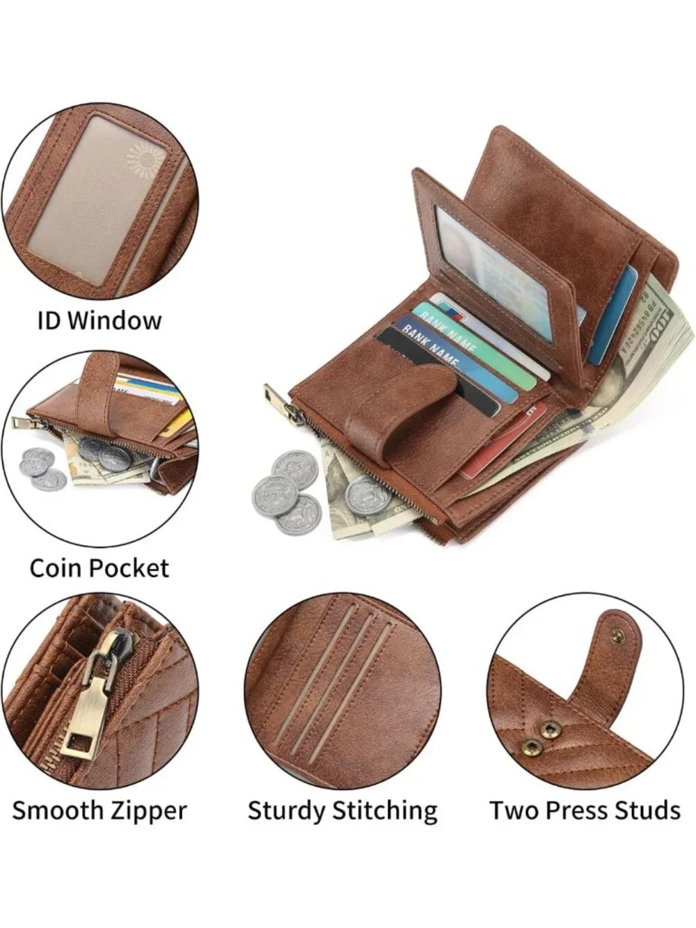 Vegan Leather Small Wallet for Women | RFID Blocking Bifold with Zipper Pocket
